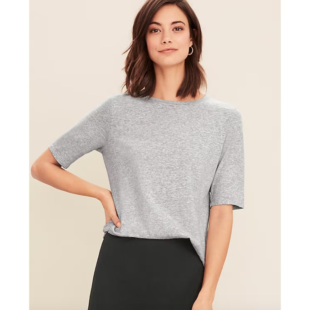 EILEEN FISHER Organic-Cotton Elbow-Sleeve Tee Womens Medium Gray Classic Minimal